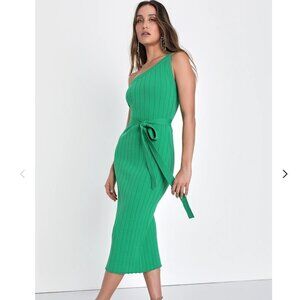 Flirty Desires Green Ribbed Knit One-Shoulder Midi Dress